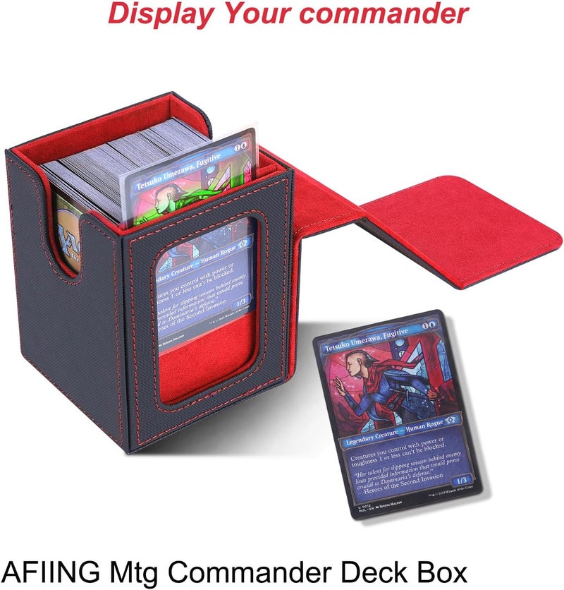 AFIING MTG Deck Box for Commander Display,Card Deck Box Fits 100 Double Sleeved Cards, Magic Commander TCG Card Storage Box with 2 Dividers,Drawstring Bag and 1 Toploader(Black/Red) - Image 2